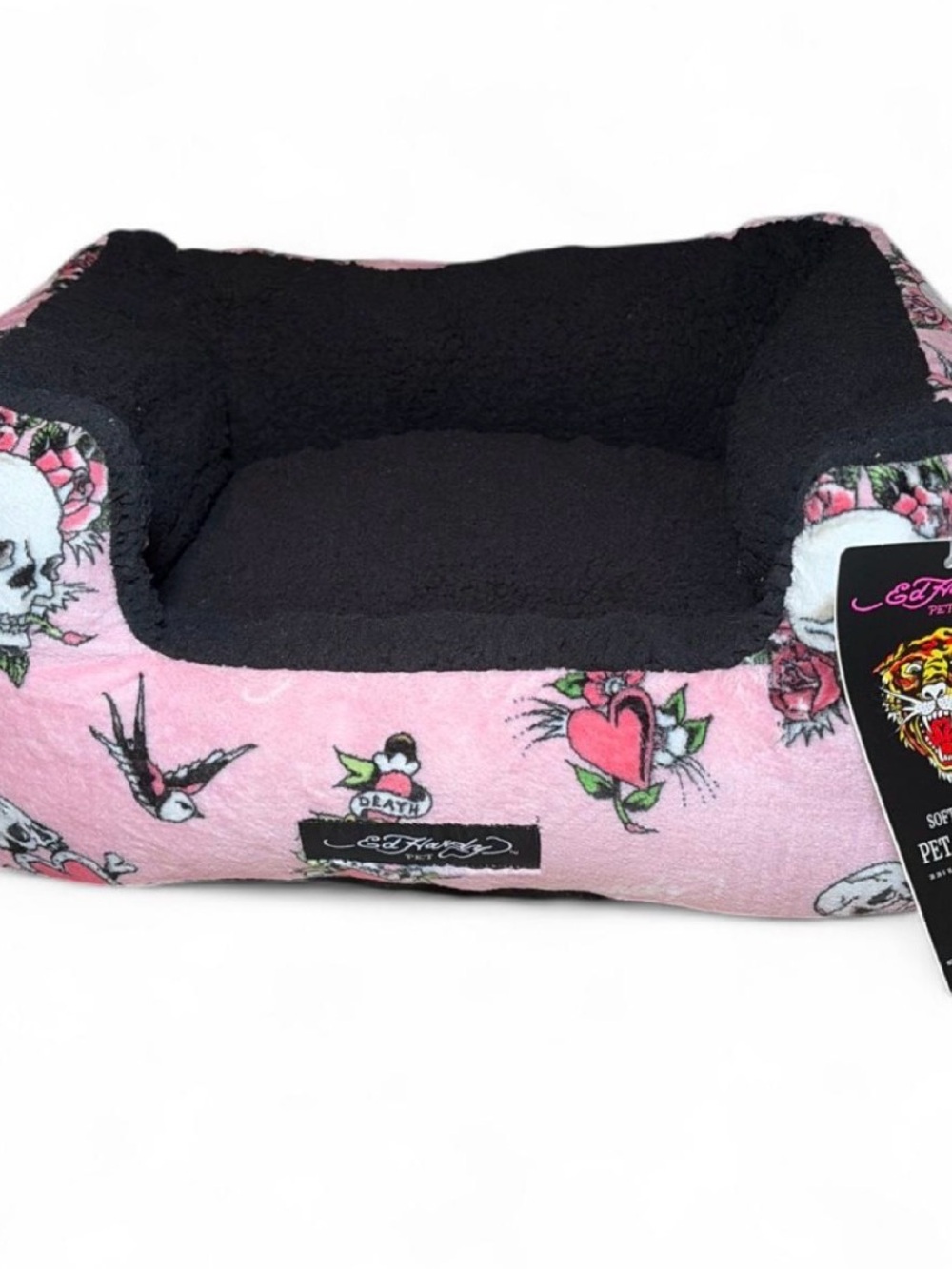 Ed Hardy Pink Tattoo-Print Plush Dog Bed with Black Sherpa Interior